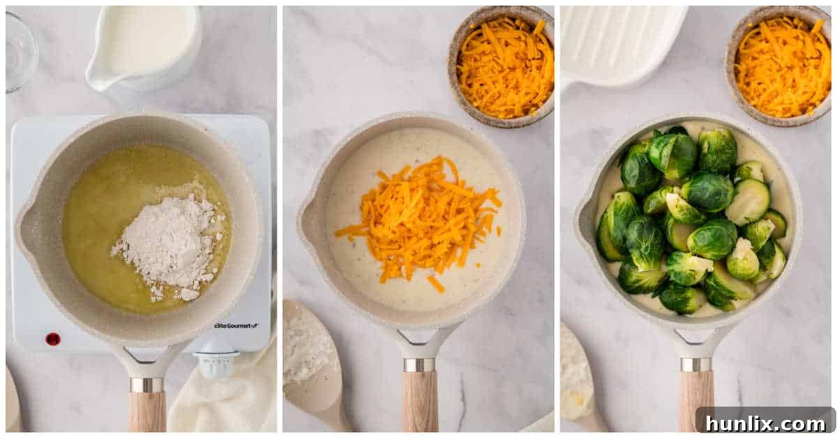 A collage depicting the stages of making the cheese sauce in a pan and then mixing in the cooked Brussels sprouts.