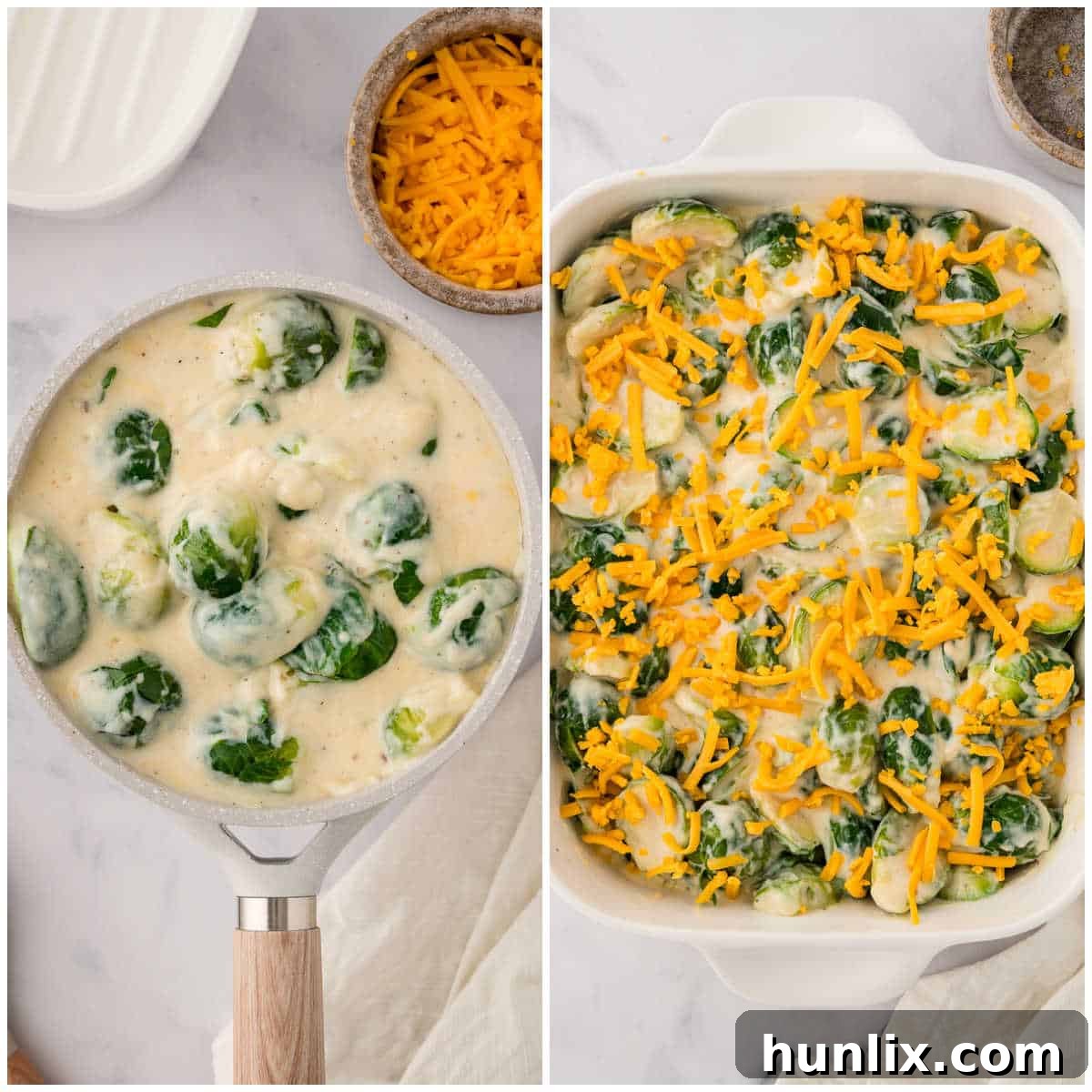 A collage illustrating the baking process of the cheesy Brussels sprouts, from placing the mixture into a casserole dish to the final golden-brown result.