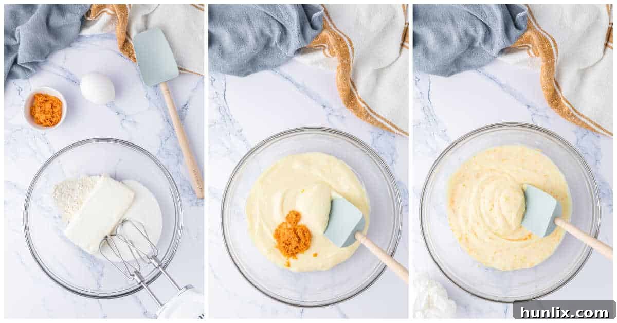 A collage showing the process of mixing cream cheese, sugar, flour, egg, and orange zest to create the filling.