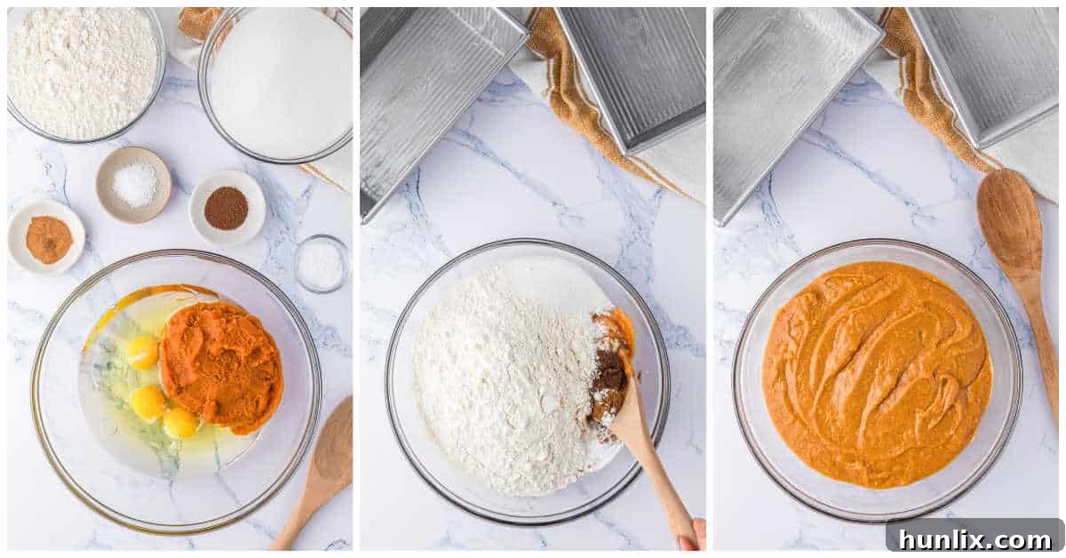 A collage illustrating the mixing of pumpkin, oil, eggs, sugar, spices, and flour in a large bowl for the bread batter.