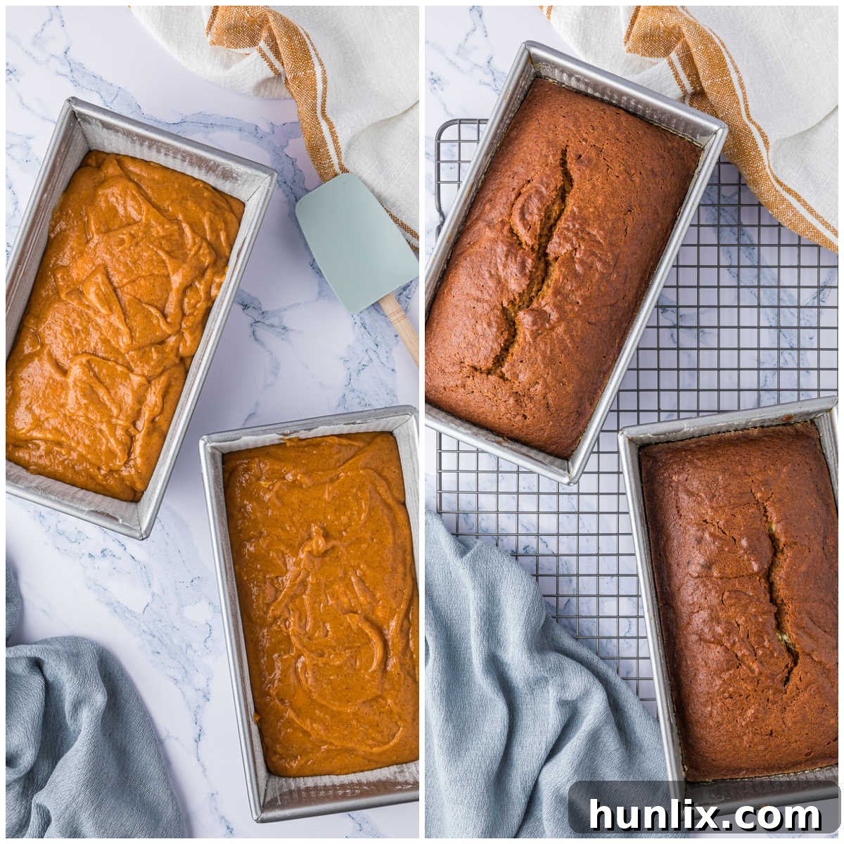 A collage showing the unbaked loaves with layered batter and filling in pans, followed by the perfectly baked loaves.