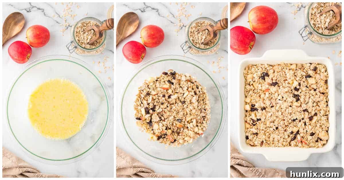 A four-panel collage showing the preparation steps for baked oatmeal: first, liquid ingredients being mixed, then dry ingredients being added, followed by fruit and nuts, and finally, the combined mixture being poured into a baking pan.