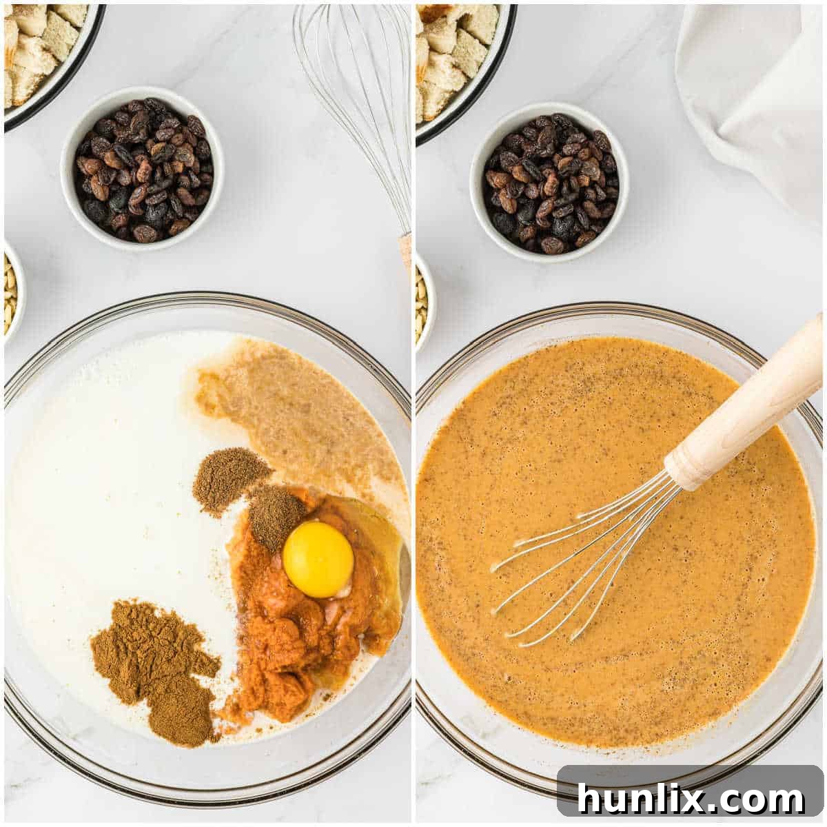 The initial stage of preparing pumpkin bread pudding, showing the spiced pumpkin custard mixture being stirred in a large bowl.