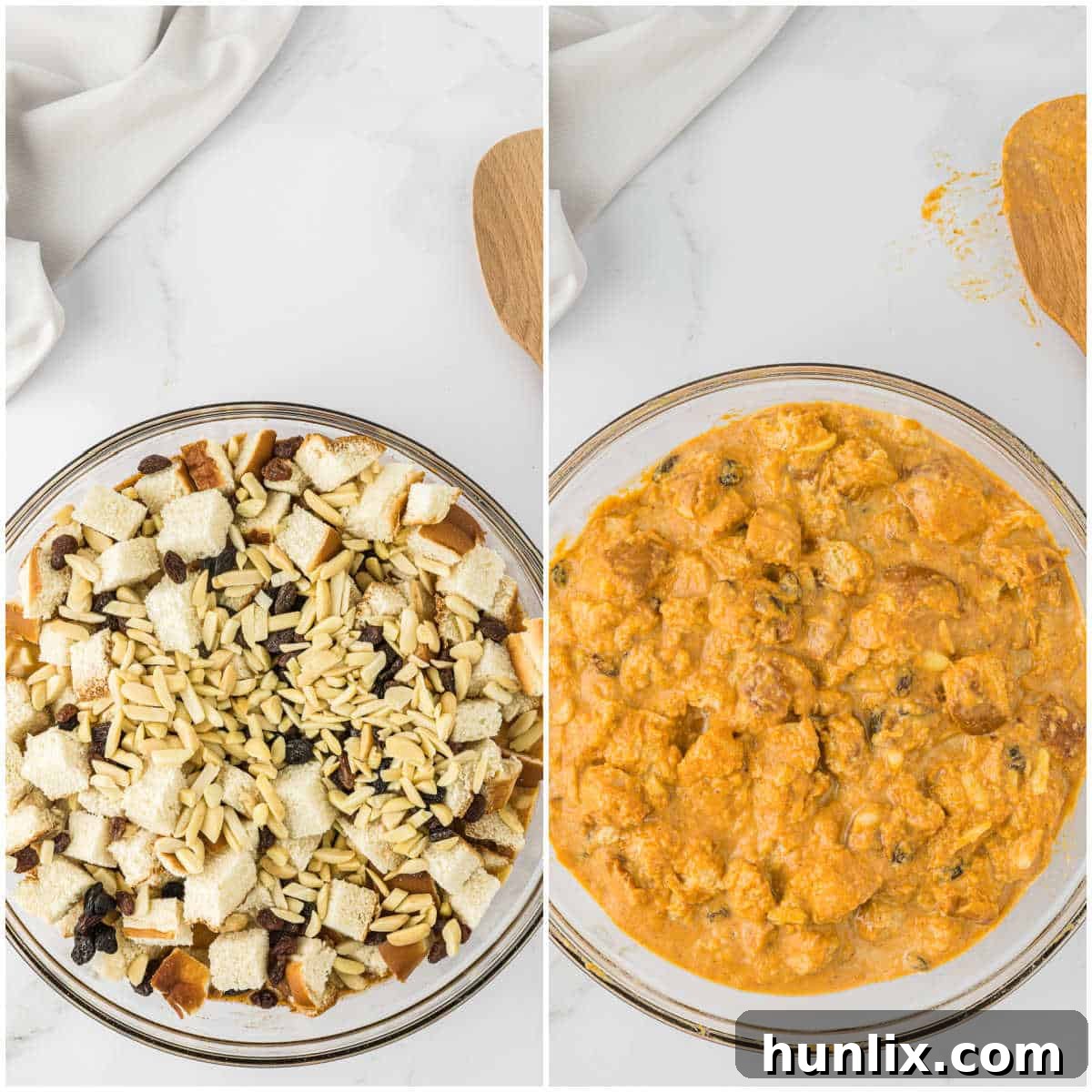 The second step in making pumpkin bread pudding, showing cubed stale bread, raisins, and almonds soaking in the liquid pumpkin custard mixture.