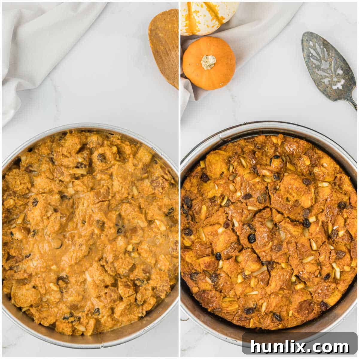Pumpkin bread pudding baking to a golden perfection in a springform pan, showing a rich, bubbling top and set edges.