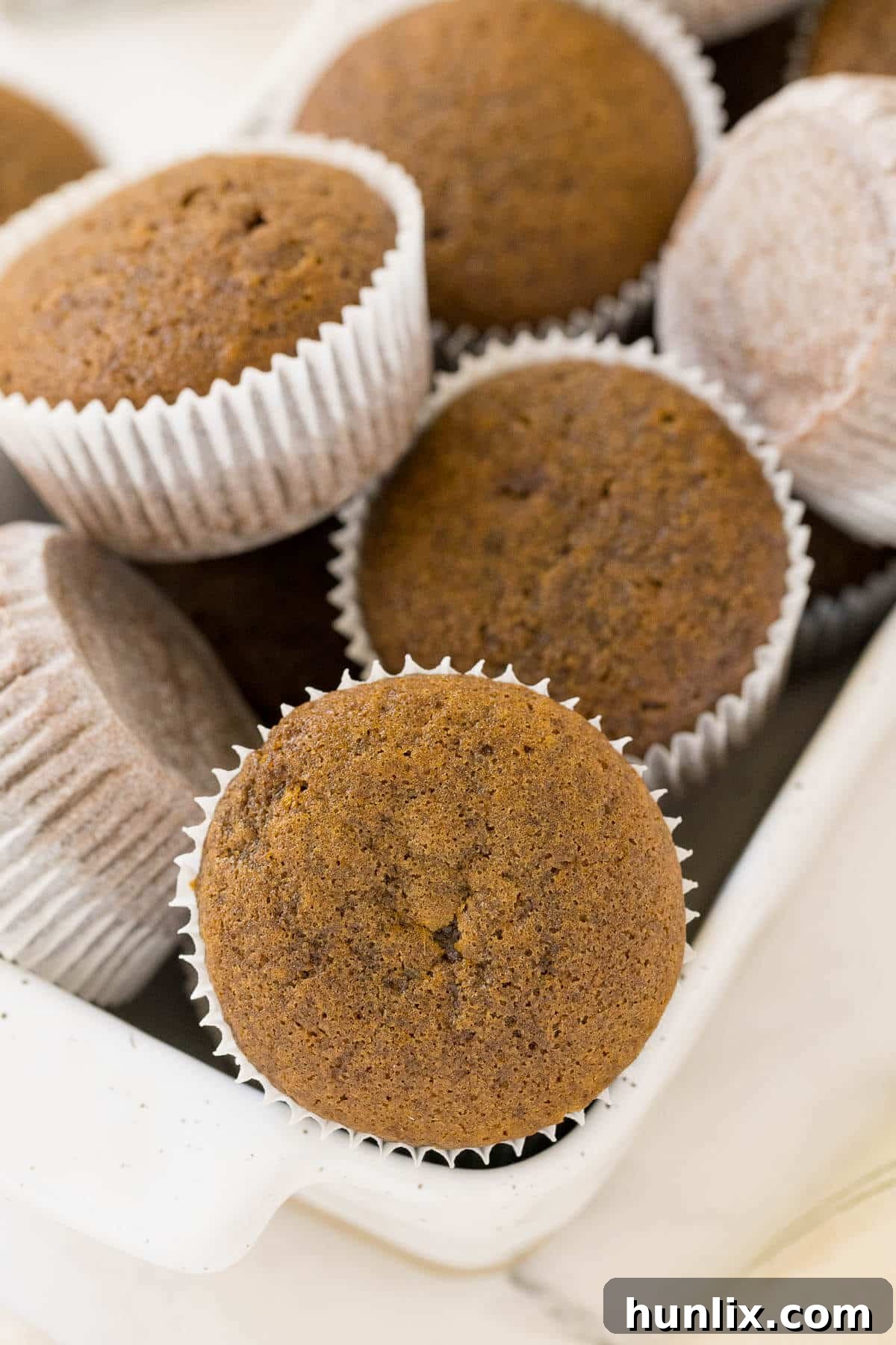 A pile of gingerbread muffins in a container, beautifully golden brown.