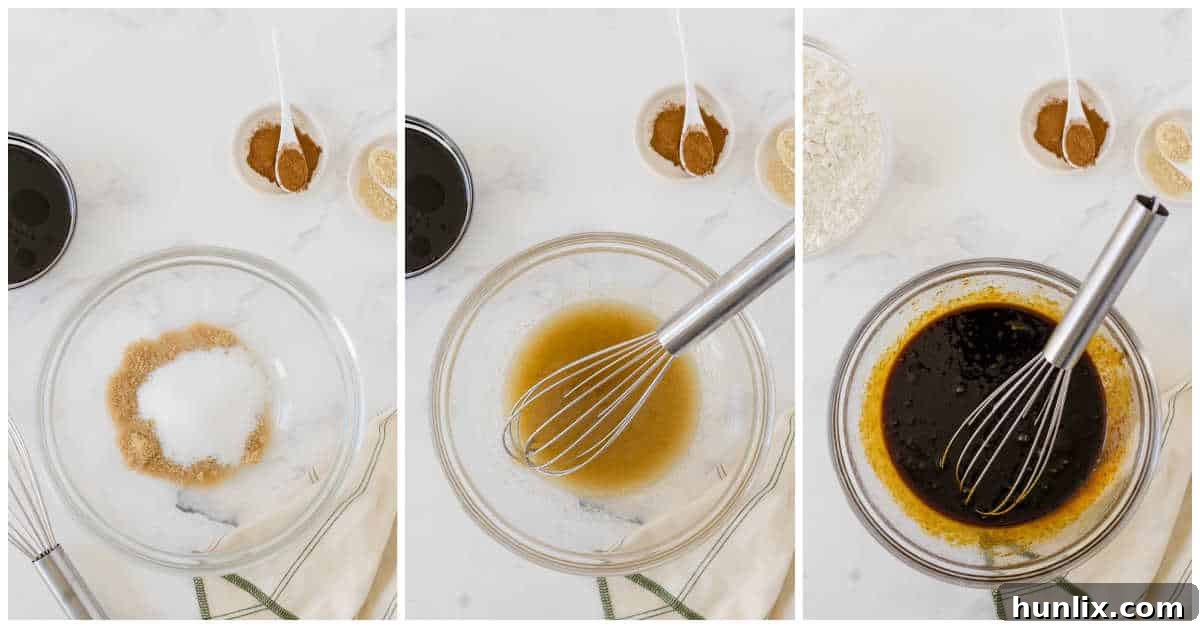 Collage showing the process of mixing wet ingredients like sugar, oil, molasses, and egg in a bowl.