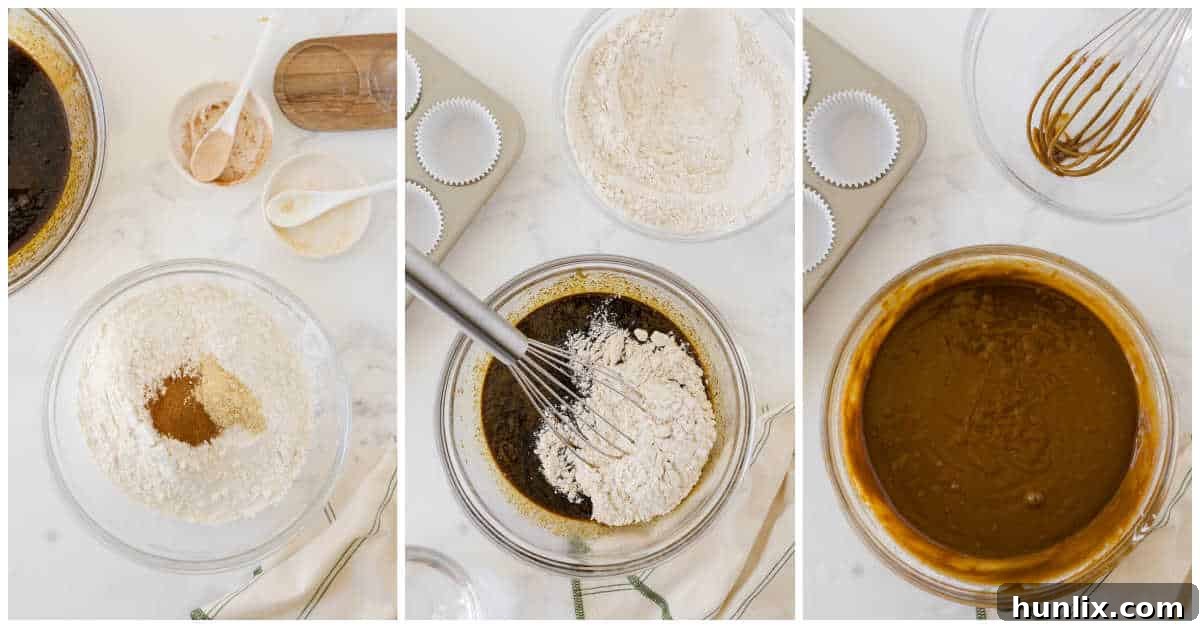 Collage showing dry ingredients being mixed, then added alternately with water to the wet ingredients.