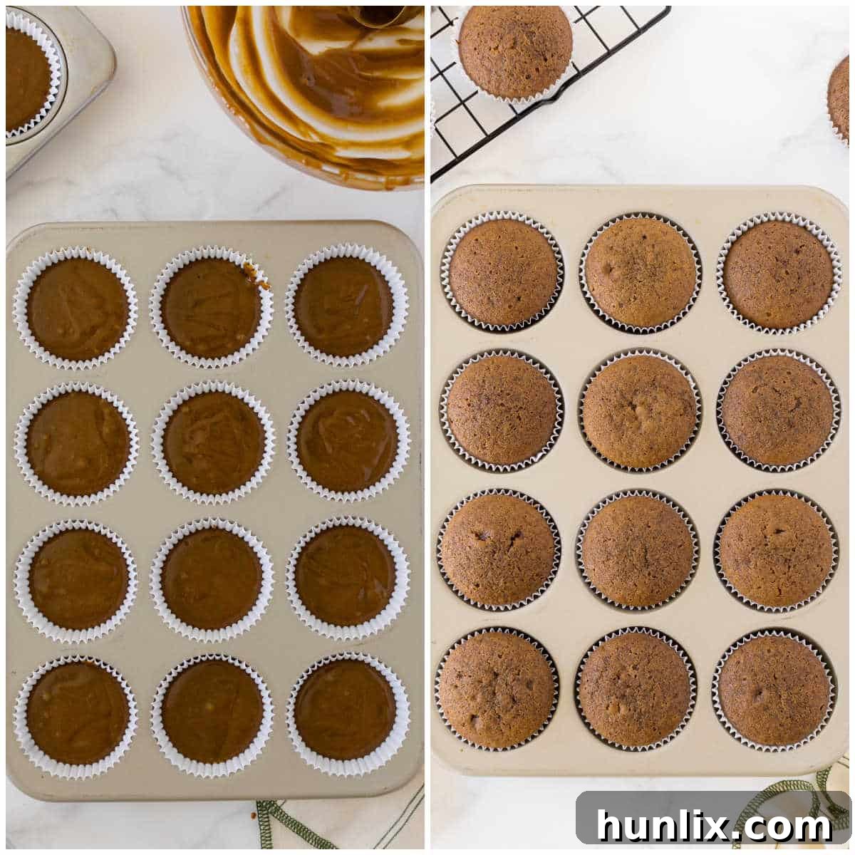Collage demonstrating the baking process of gingerbread muffins in a muffin tin.