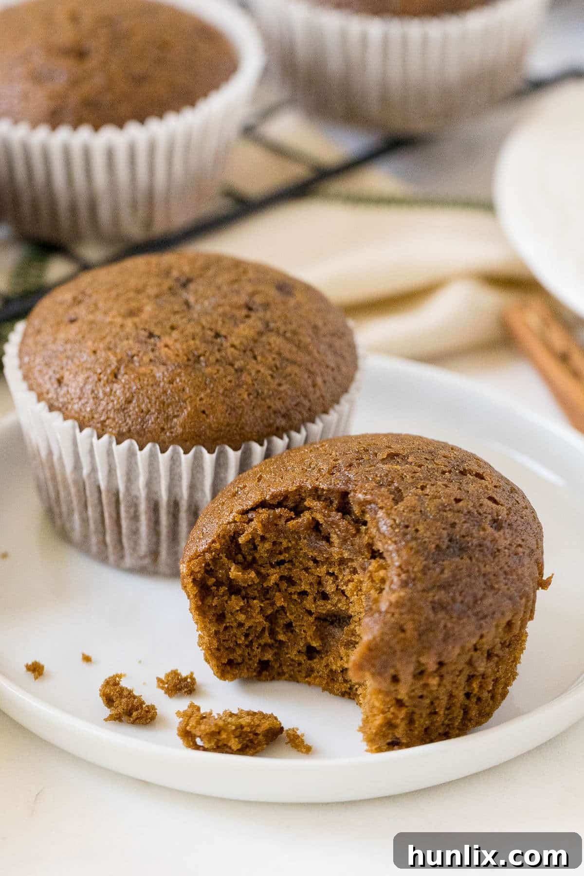 A gingerbread muffin on a plate with a bite taken out, revealing its soft interior.