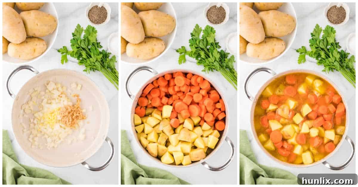 A sequence of three photos showing the initial steps of preparing carrot and potato soup: sautéing aromatics, adding carrots and potatoes, and simmering with broth.