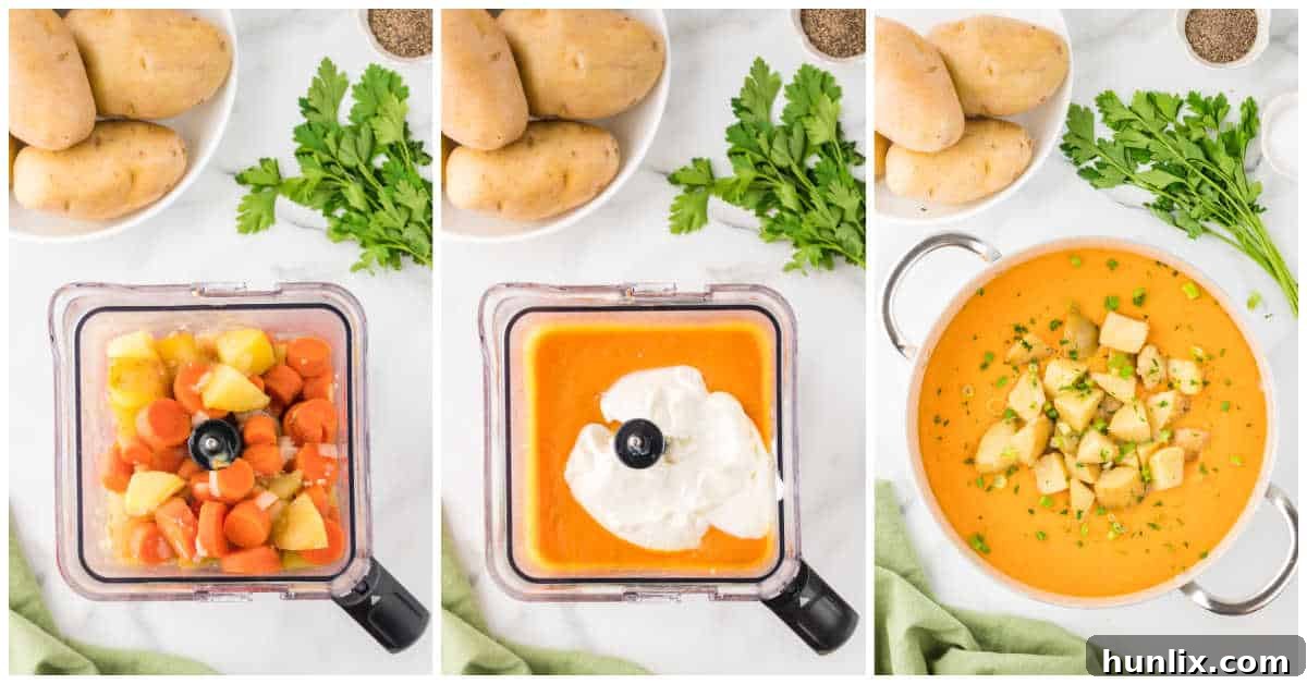 A sequence of three photos showing the blending and finishing steps of preparing carrot and potato soup: puréeing in a blender, adding sour cream, and adjusting consistency.