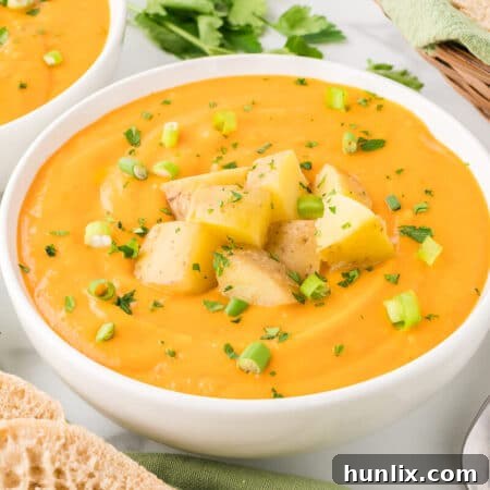 A bowl of carrot and potato soup, perfectly creamy and garnished.