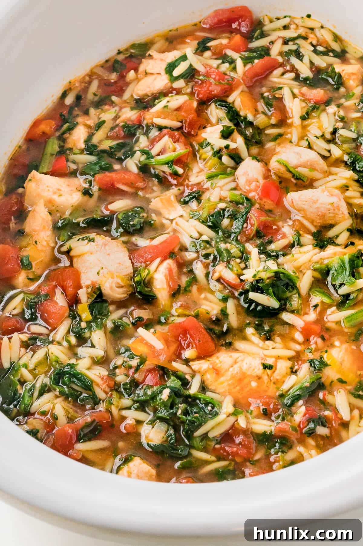 A hearty bowl of Greek Chicken Orzo Soup, perfect for a comforting meal.