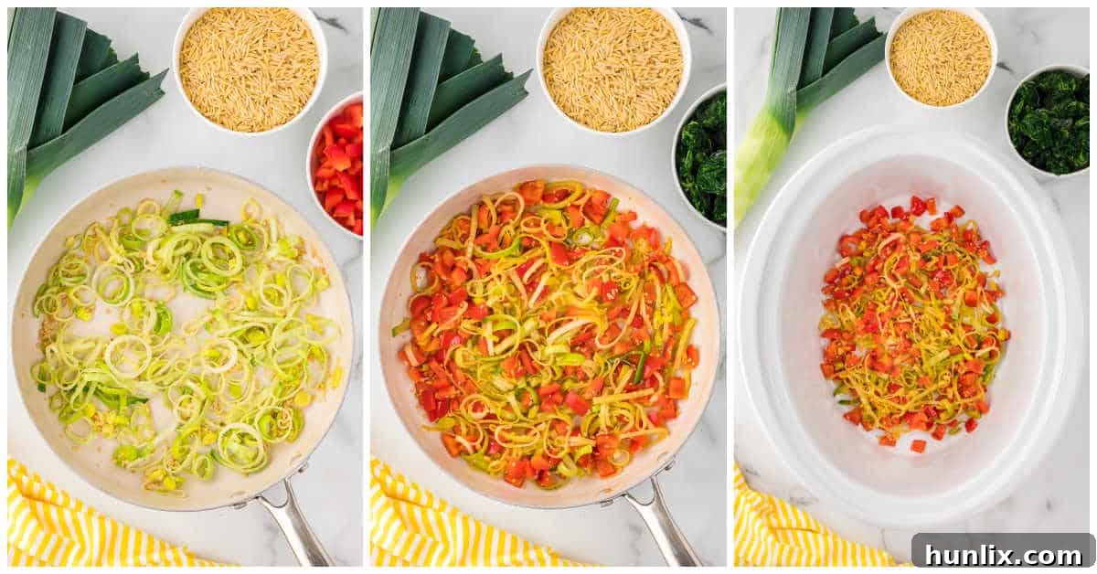 The initial step of preparing Greek chicken orzo soup, sautéing vegetables in a skillet.