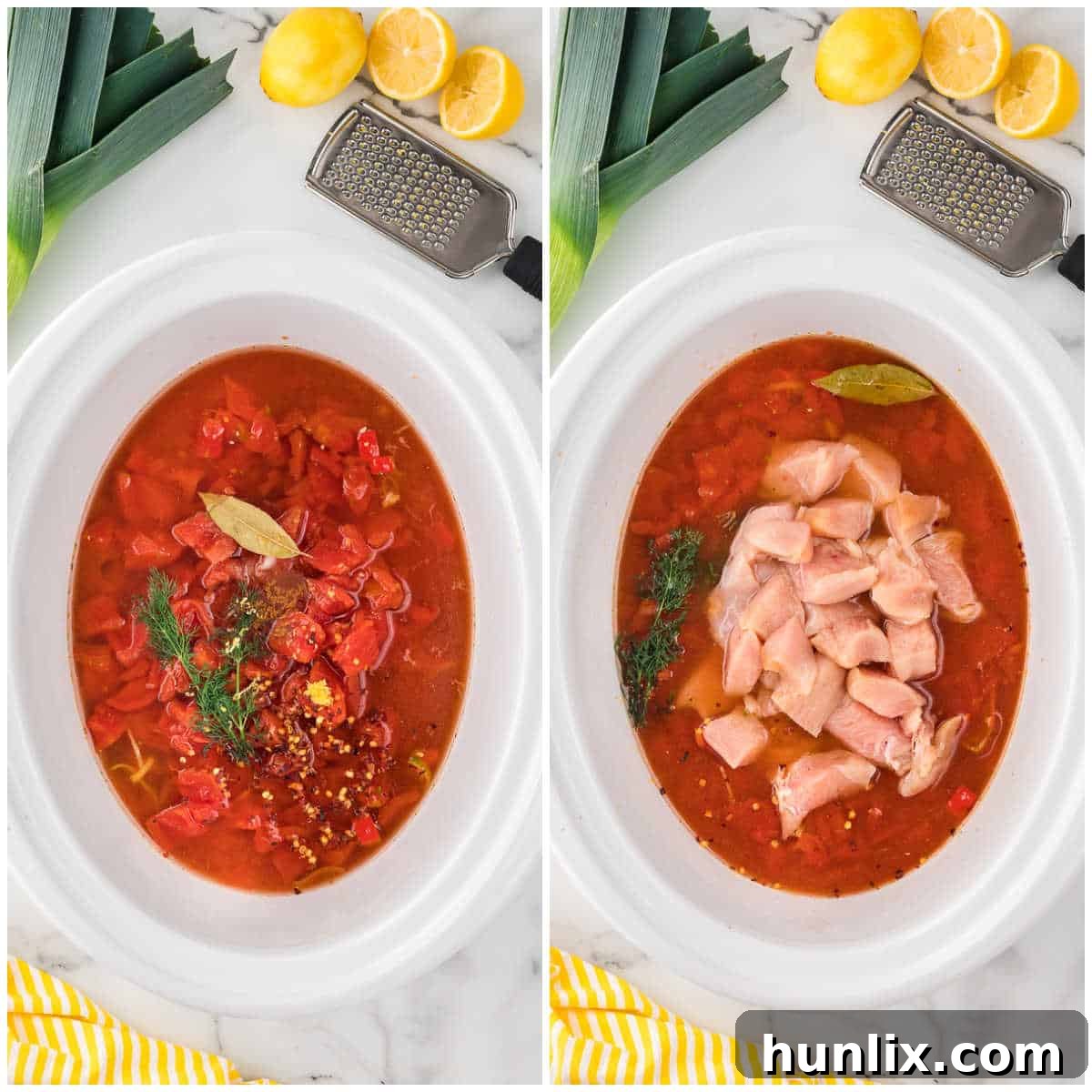 Ingredients for Greek chicken orzo soup combined in a slow cooker.