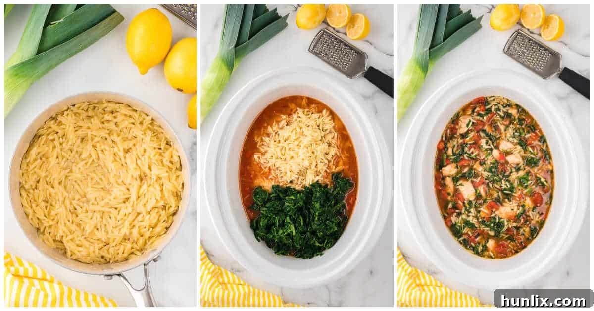 The final steps of adding orzo and spinach to the Greek chicken orzo soup.