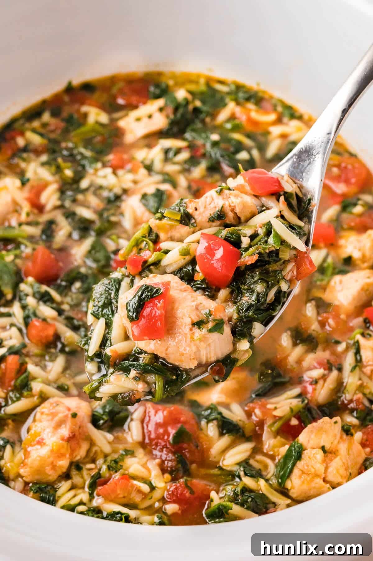 A serving spoon lifting a spoonful of Greek Chicken Orzo Soup.