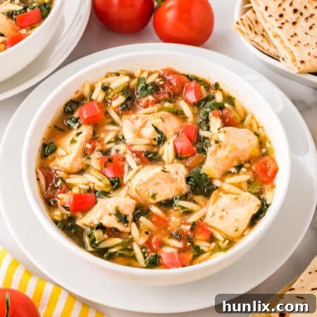 A bowl of Greek Chicken Orzo Soup with a spoon.