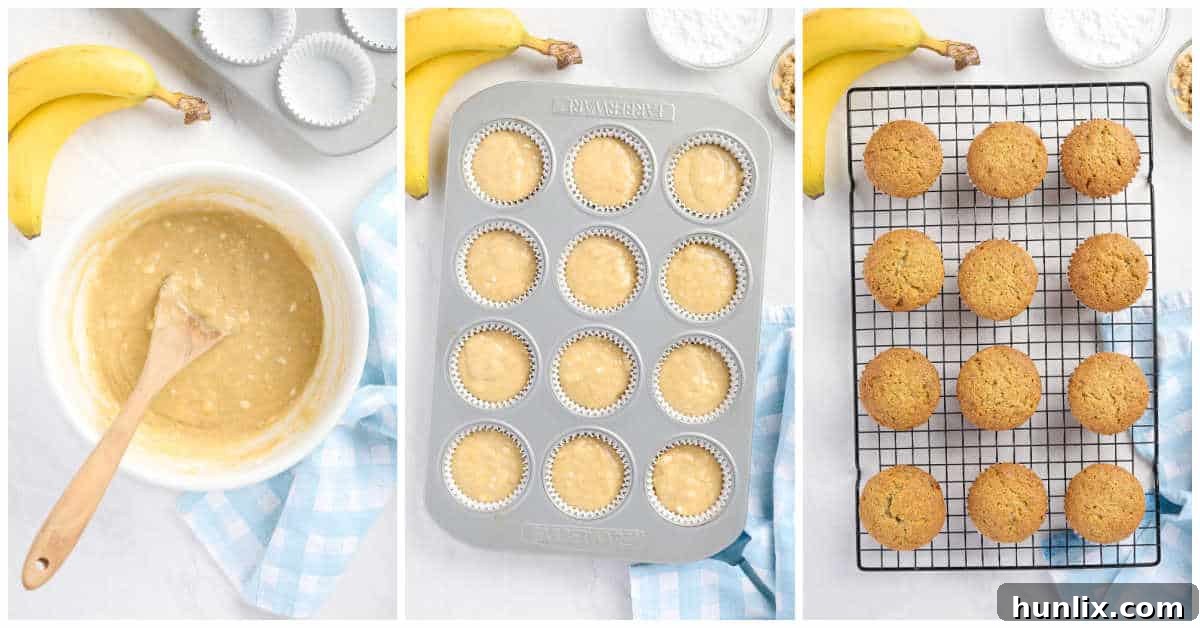 A visual guide showing the initial steps of preparing caramel banana muffin batter and filling muffin liners.