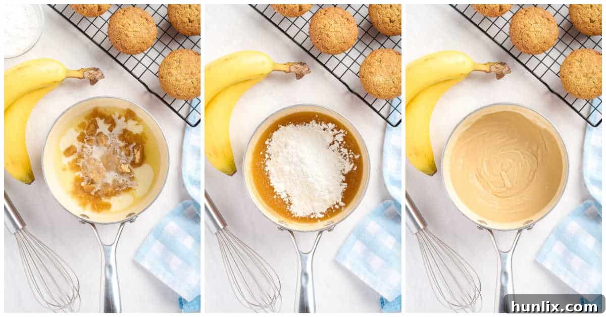 A close-up view of the saucepan, showing the caramel icing being prepared on the stovetop.