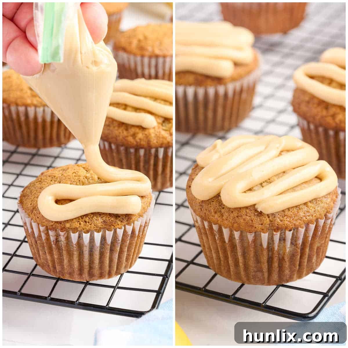 Hands demonstrating how to drizzle the caramel icing over the tops of the banana muffins using a small piping bag.