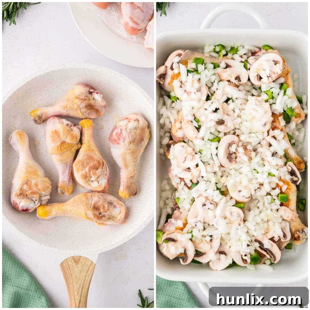 Tender Chicken in Rich Gravy 4 Two images demonstrating the preparation steps for smothered chicken: browning chicken drumsticks in a skillet and then arranging them in a baking dish with chopped vegetables.