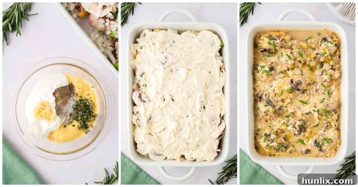 Tender Chicken in Rich Gravy 5 Two images showing the final preparation steps for Smothered Chicken: mixing the creamy gravy ingredients in a bowl and then pouring the sauce over chicken and vegetables in a baking dish.