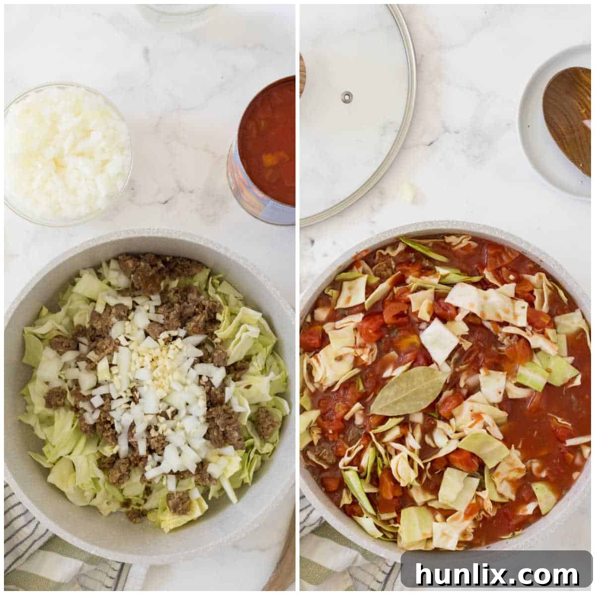 Hearty Sausage and Cabbage Soup 4 A collage showing the various stages of cooking Sausage and Cabbage Soup in a large pot.
