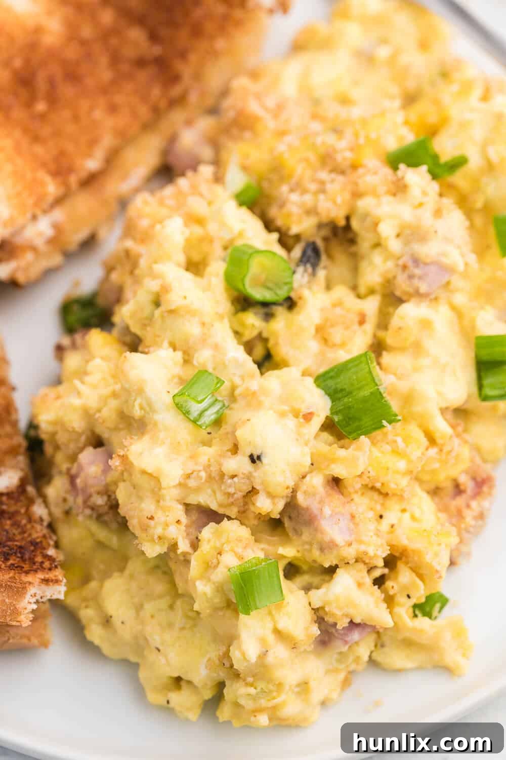 Sunrise Scramble Bake 6 A close-up of a serving of scrambled egg casserole on a white plate, highlighting the crispy breadcrumb topping and creamy interior.