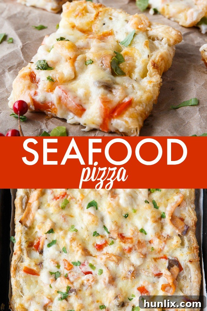 Ocean's Bounty Pizza 15 A collage of various images of the Festive Seafood Pizza, highlighting its ingredients and presentation.