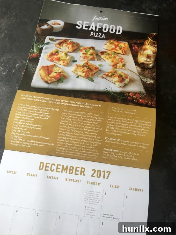 Ocean's Bounty Pizza 3 Close-up of the 2018 Milk Calendar open to a festive recipe, highlighting the Canadian dairy products.
