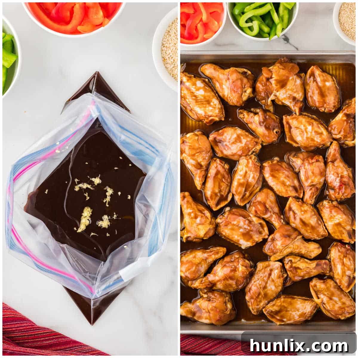 A two-part collage showing the preparation of Asian chicken wings: first, raw chicken wings being mixed with hoisin sauce in a bag, and second, the sauced wings arranged on a baking sheet with bell peppers before going into the oven.