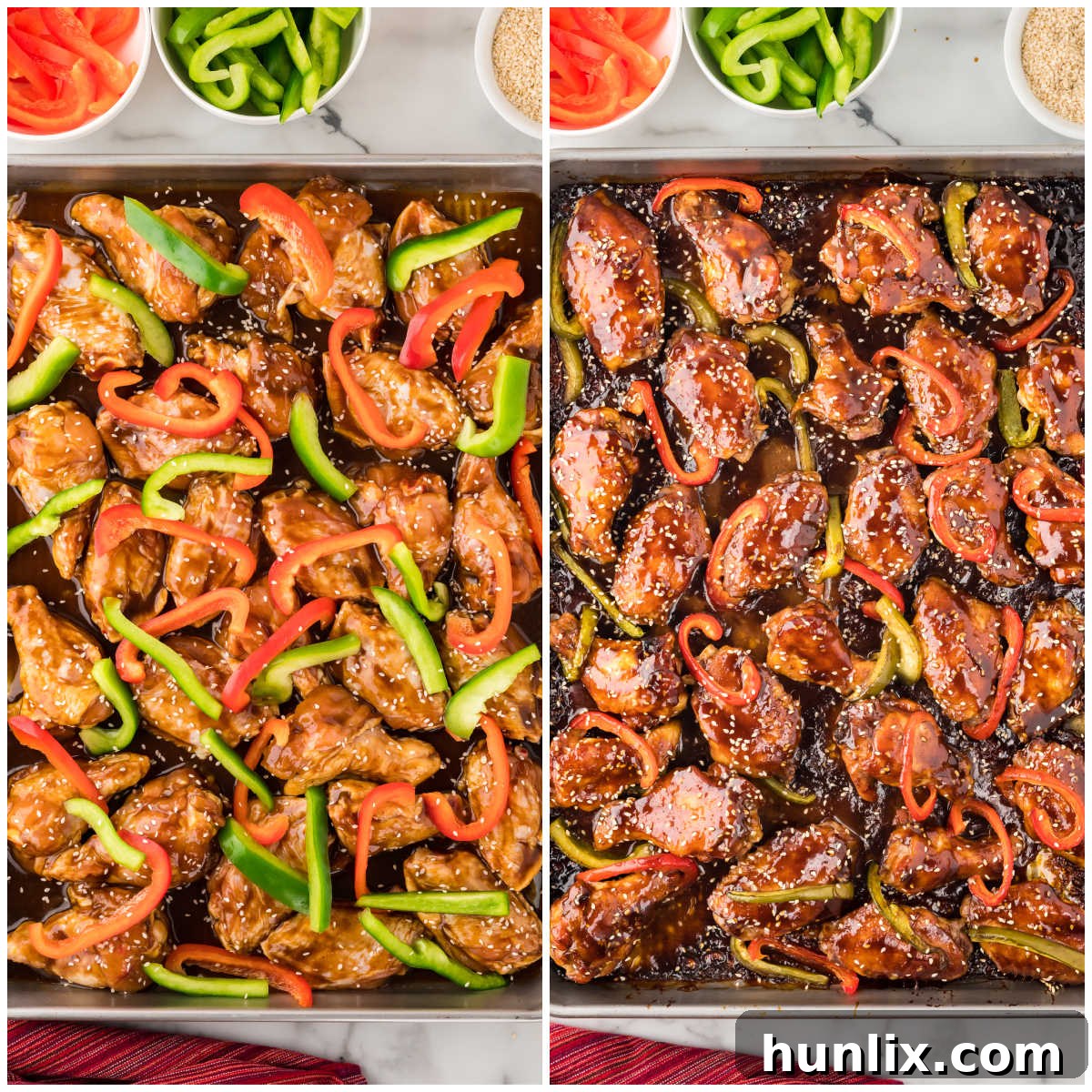 A two-part collage showing Asian chicken wings baking on a sheet: first, wings being flipped halfway through, and second, the finished crispy wings on the baking sheet.