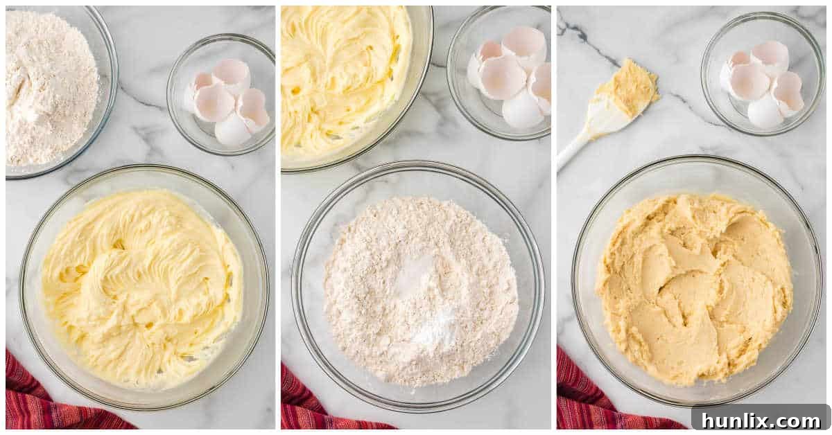 A visual collage showing the stages of mixing cream cheese cookie dough in a bowl.