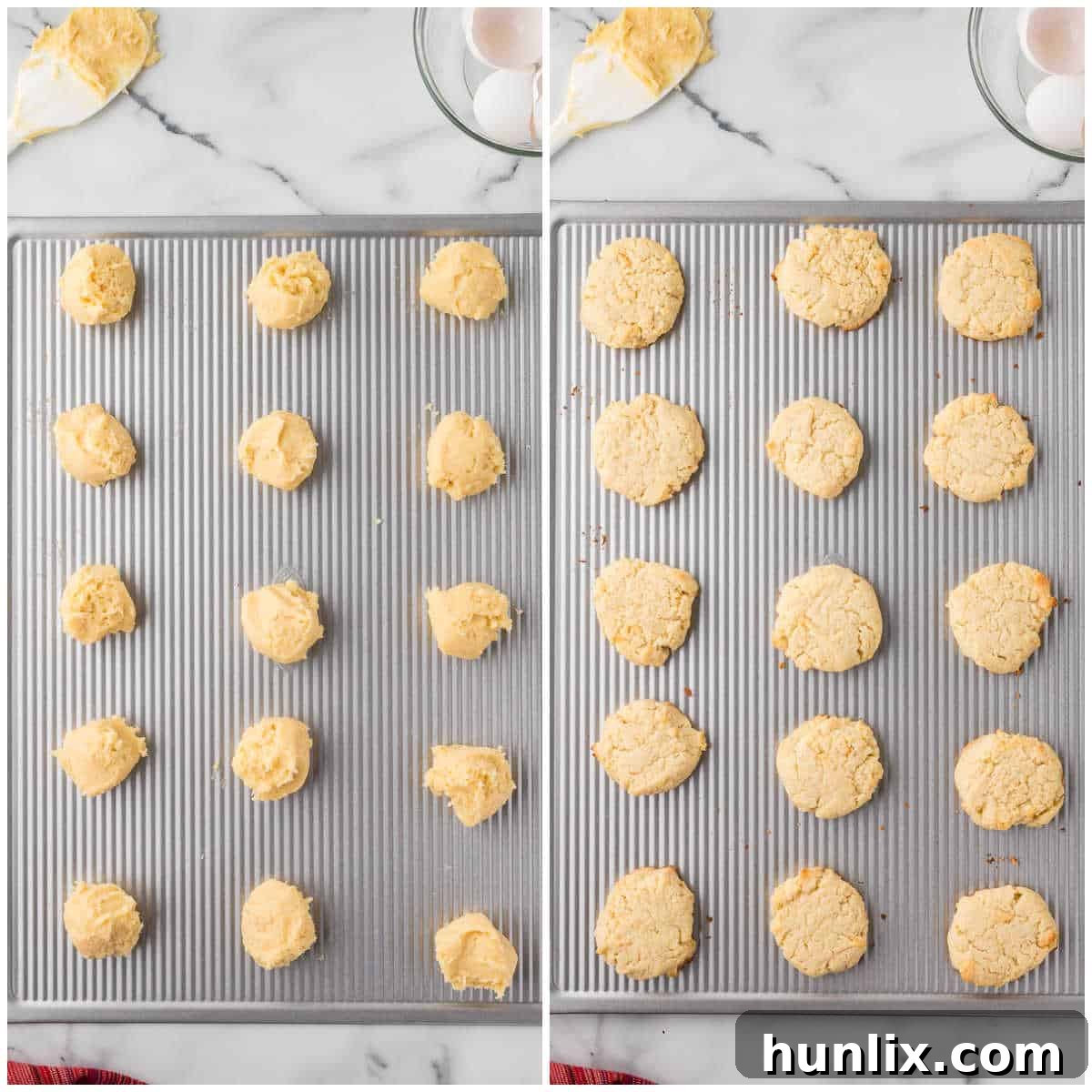 A collage demonstrating cream cheese cookies baking on a cookie sheet, showing before and after stages.