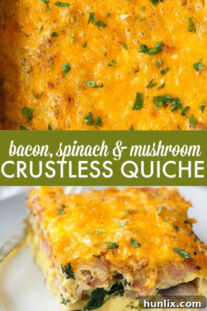 A vibrant collage showcasing various stages of making and serving Bacon, Spinach & Mushroom Crustless Quiche, from ingredients to finished dish. Highlights the ease of preparation and the delicious, healthy outcome of this low-carb breakfast casserole.