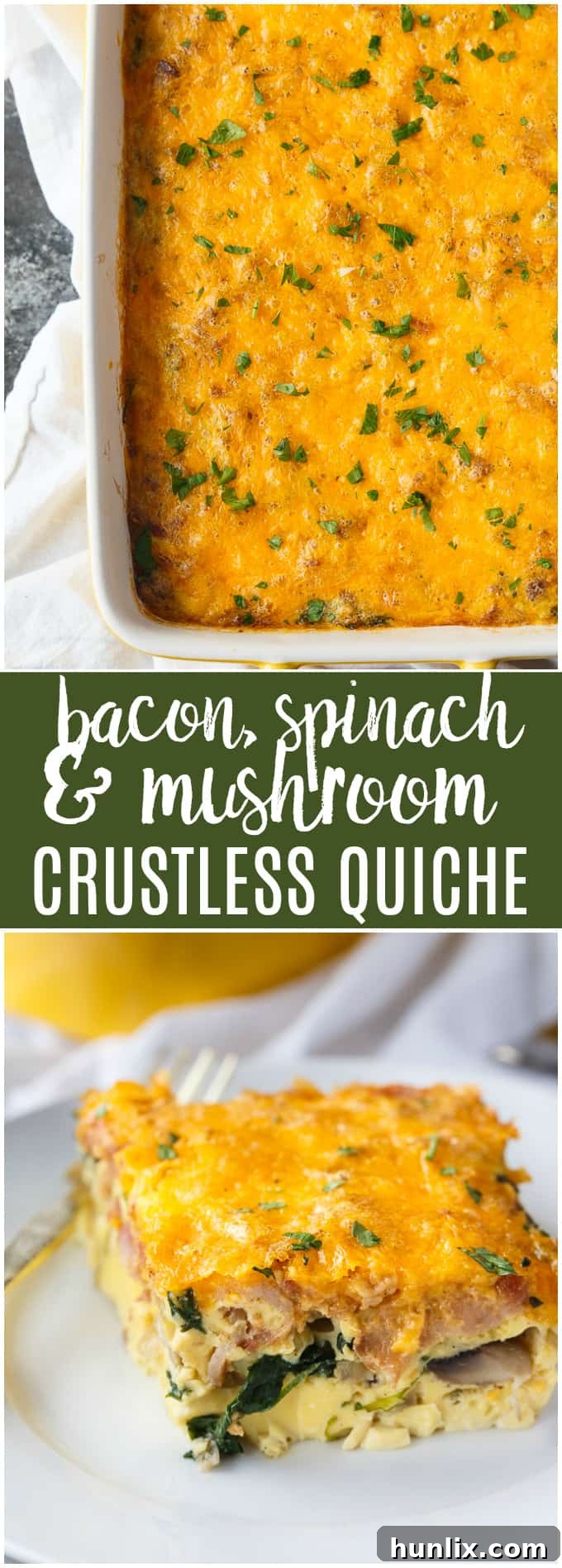 A collage of close-up images of Bacon, Spinach & Mushroom Crustless Quiche, highlighting its texture, ingredients, and appealing golden crust. This visual summary reinforces the dish's deliciousness and ease of preparation for low-carb eating.