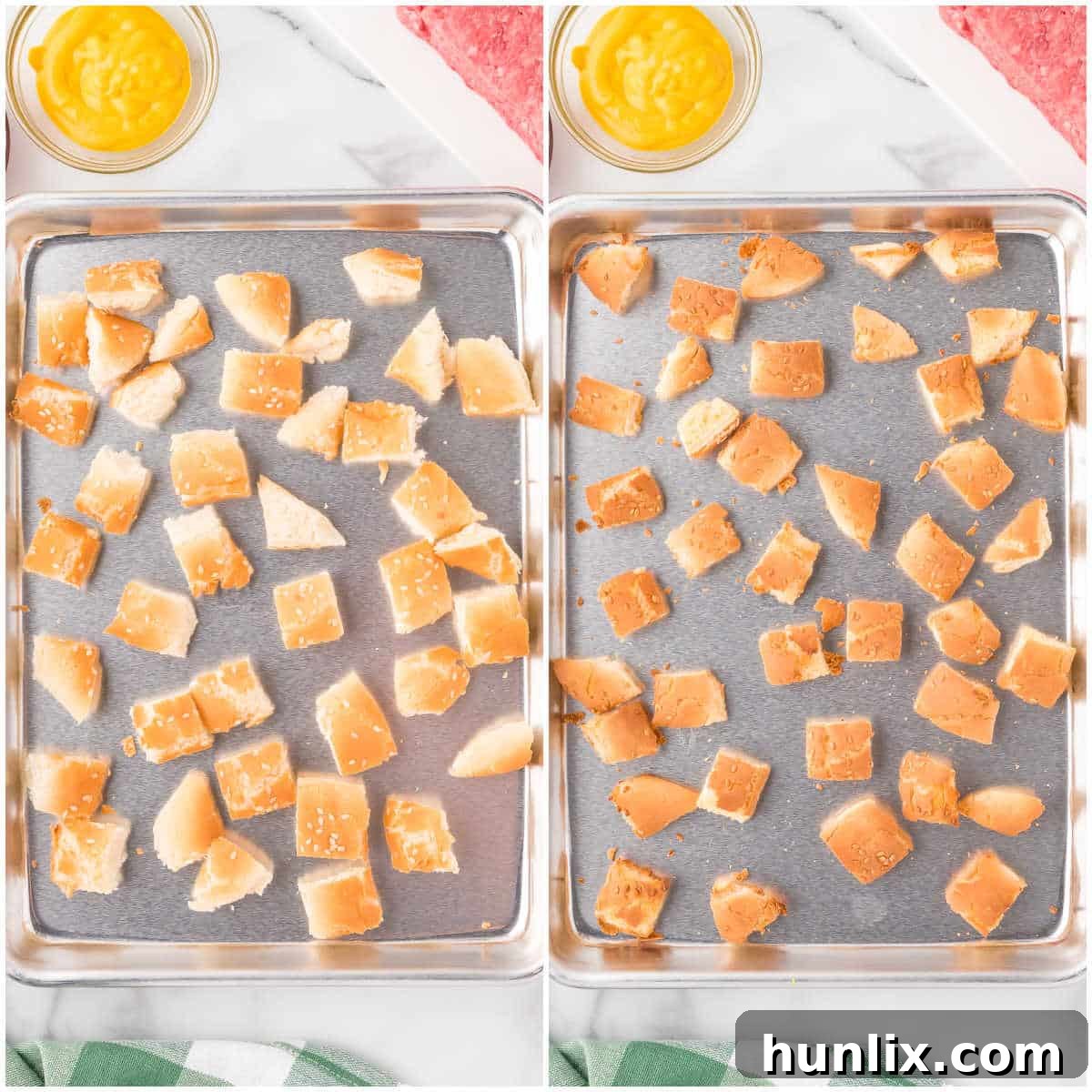 Cheeseburger in a Bowl 4 Hamburger bun cubes spread on a baking sheet, ready for toasting to become croutons for the cheeseburger salad.