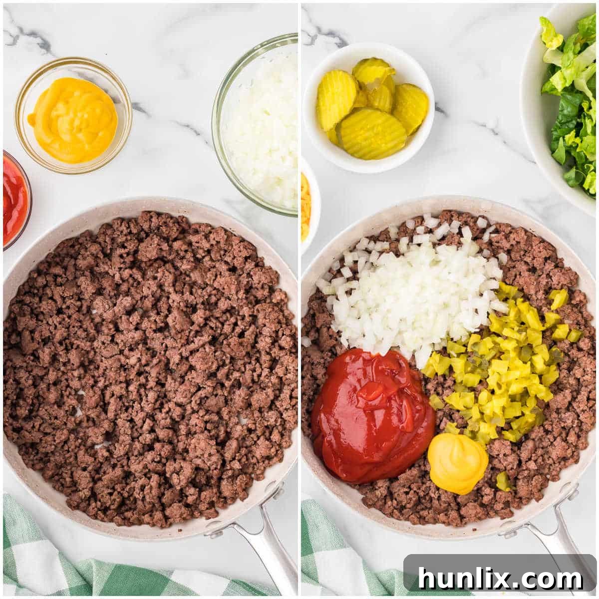 Cheeseburger in a Bowl 5 Ground beef cooking in a skillet with chopped onions, ketchup, mustard, and pickles mixed in, forming the savory base of the cheeseburger salad.