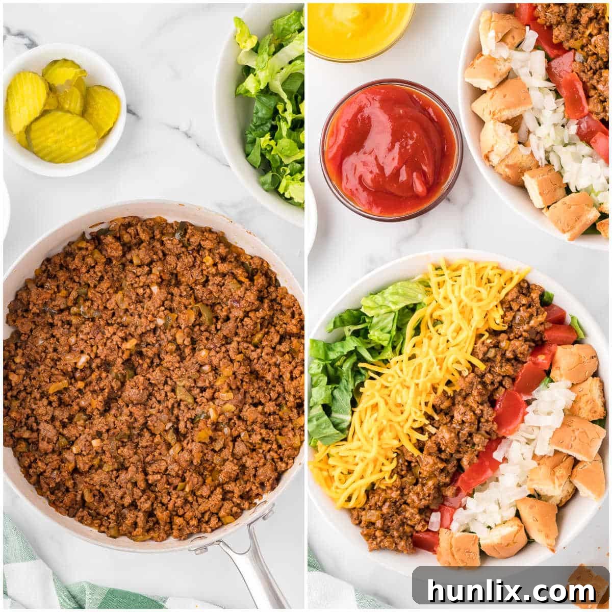 Cheeseburger in a Bowl 6 A large mixing bowl filled with romaine lettuce, seasoned ground beef, tomatoes, cheese, and onion, ready to be tossed with croutons for the final cheeseburger salad.