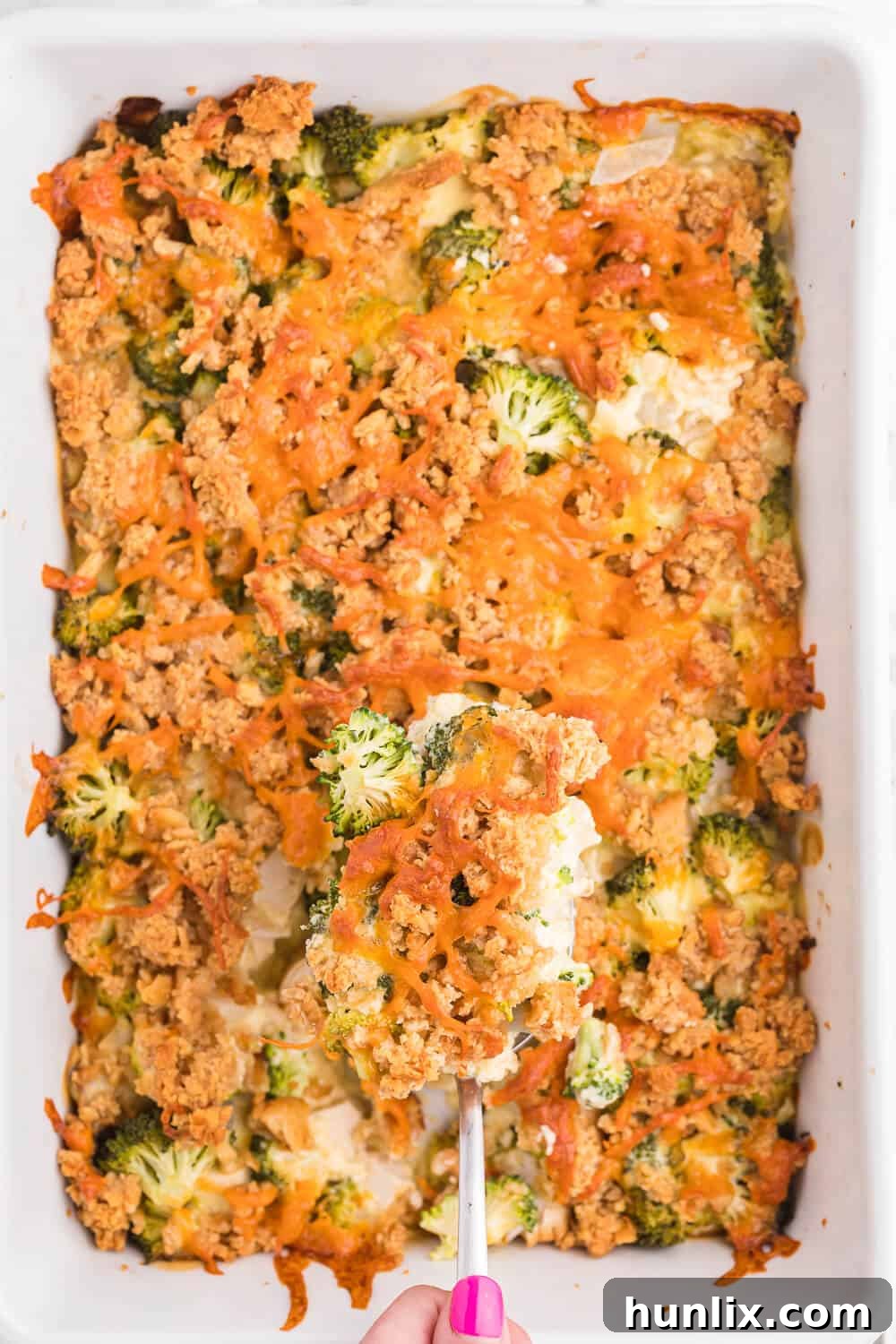 Close-up of baked Chicken and Broccoli Casserole with golden topping