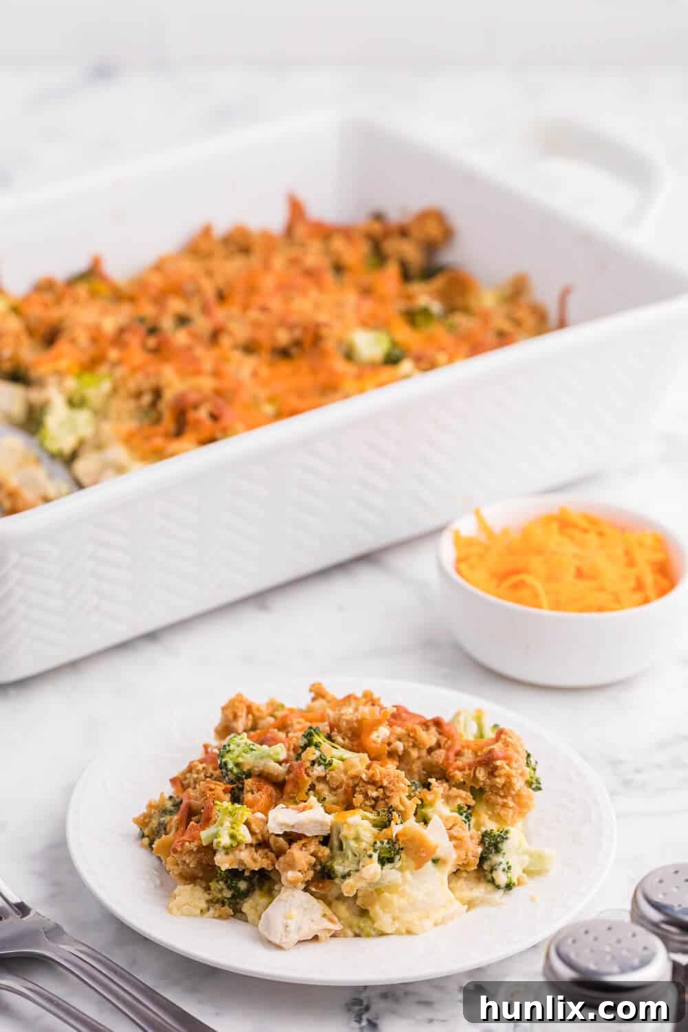 Close-up of a serving of Chicken and Broccoli Casserole on a plate