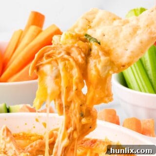 A tortilla chip scooping buffalo chicken dip.