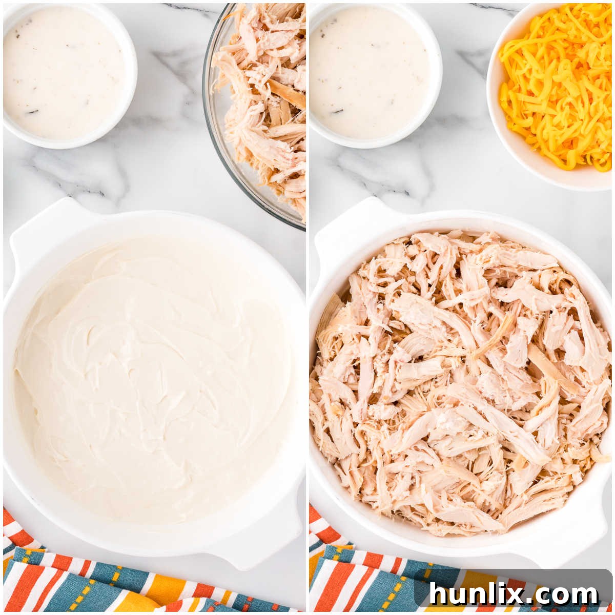 Steps to make Buffalo chicken dip.