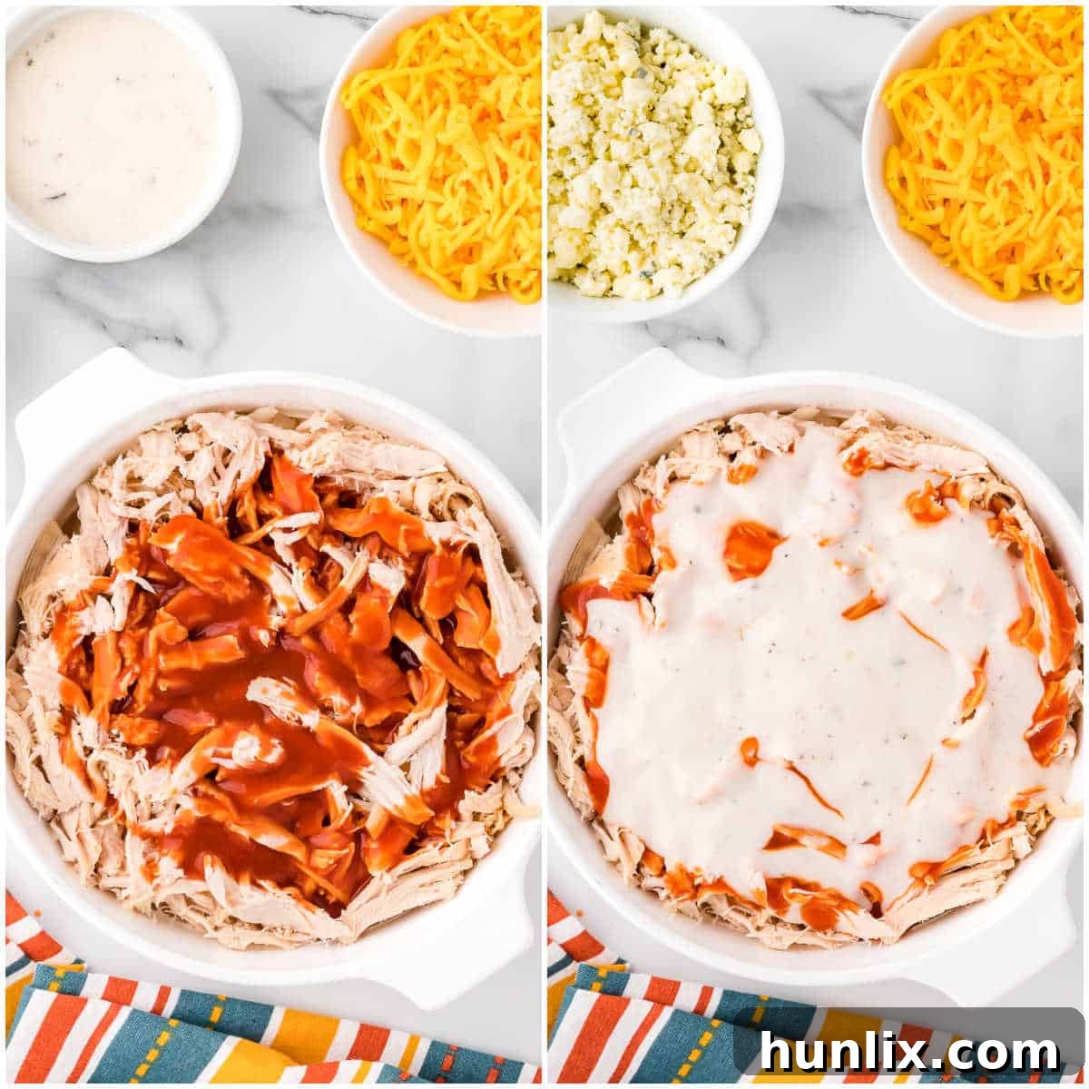 Steps to make Buffalo chicken dip.