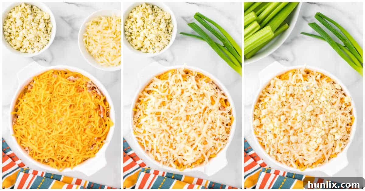 Steps to make Buffalo chicken dip.