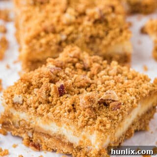 Dreamy Butterscotch Cheesecake Squares 11 Pieces of butterscotch cheesecake bars artfully arranged on parchment paper.