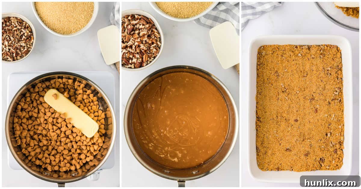 Dreamy Butterscotch Cheesecake Squares 4 A collage showing butterscotch chips and butter melting in a saucepan, and then the prepared crust mixture being pressed into a baking pan.