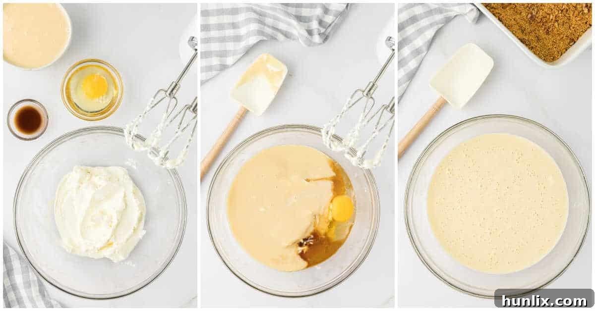 Dreamy Butterscotch Cheesecake Squares 5 A collage illustrating the process of making the cheesecake filling, showing cream cheese being beaten until fluffy in a bowl.